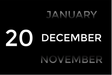 December 20 calendar with black background. A minimalist calendar template with well-structured date boxes and a sleek layout. This image is ideal for illustrating concepts such as time planning