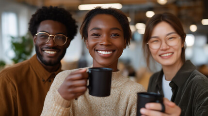 Coworkers raising coffee mugs in a casual toast to their new teammate, smiling and laughing together — a joyful image of camaraderie, shared values, and strong workplace relationships that support