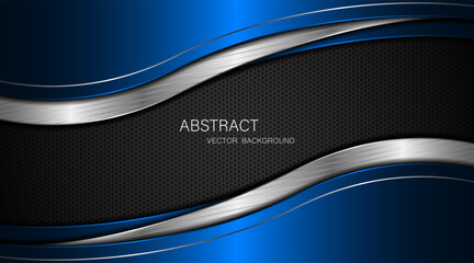 Abstract blue and silver curves with silver lines on dark steel mesh background. with free space for design. modern technology innovation concept background	
