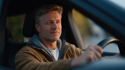 Obraz premium A father sitting in his parked car outside a hospital, gripping the steering wheel as he gathers emotional strength before visiting a loved one — vulnerability, family crisis, and quiet internal