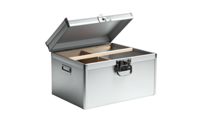 Metallic storage container, hinged top open, dividers inside, gray finish, black backdrop