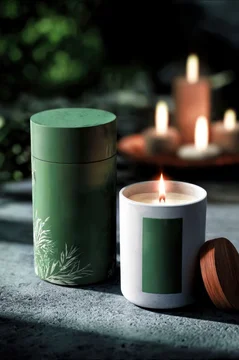 Christmas Candle Packaging Mockup with Cylindrical Box