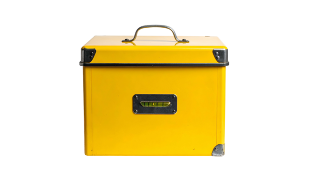 A vibrant yellow toolbox with a metal handle, corner guards, and an embedded level