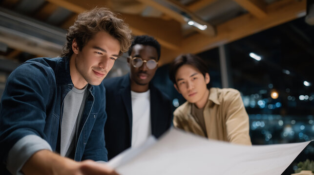Young creative director leading a diverse design team during an energetic brainstorming session in a modern studio — concept of collaborative innovation, leadership with empathy, creativity in