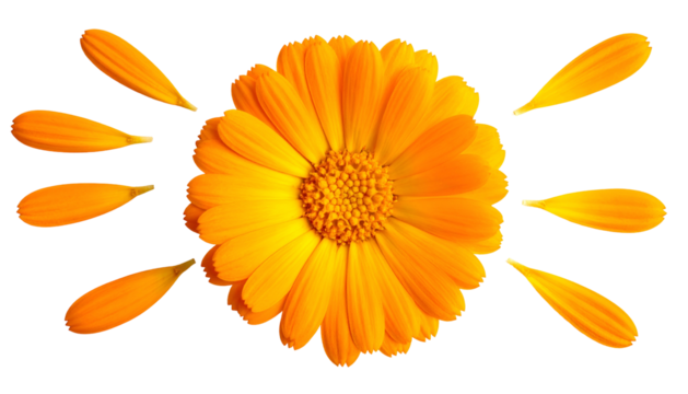 Close-up of a vibrant orange flower with detached petals on a stark black background