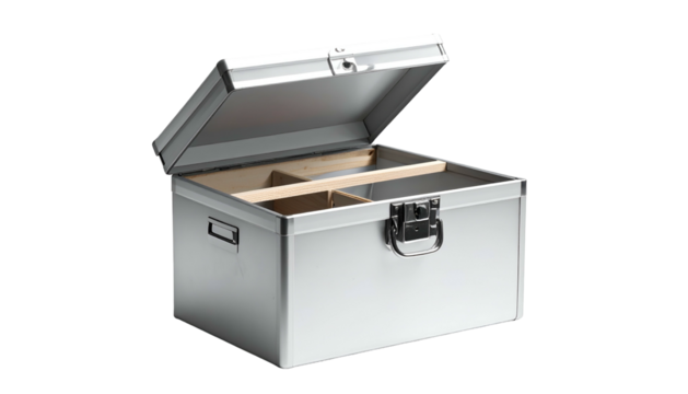 Metallic storage container, hinged top open, dividers inside, gray finish, black backdrop