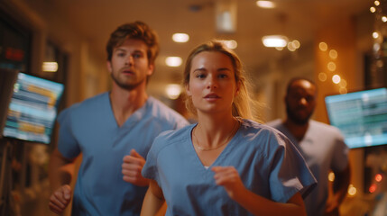 A medical team responding to an urgent trauma call, rushing a patient through hospital corridors with monitors beeping and bright lights guiding the path — fast-paced healthcare response, critical