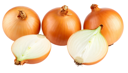 Several whole yellow-brown bulbs, one split in half, isolated on a black background