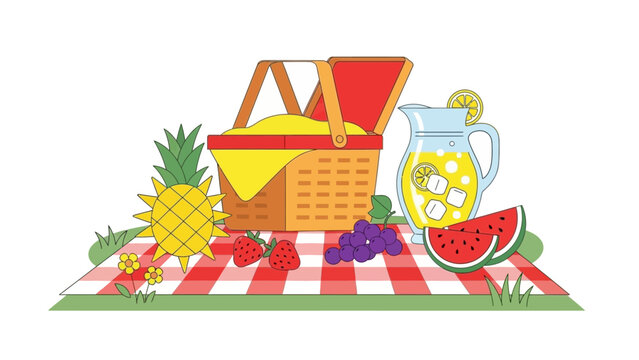 Vibrant summer picnic basket with fresh fruits and lemonade.