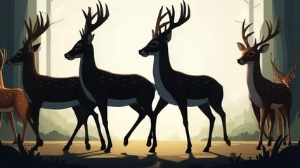 Herd of Majestic Deer Standing in a Sunlit Forest with Tall Trees and Shadows - Powered by Adobe