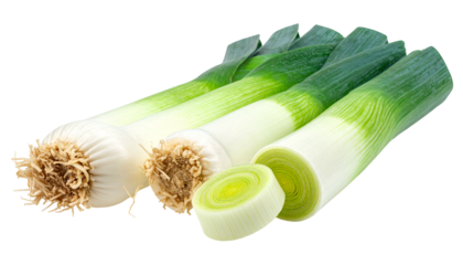 Four stalks of green and white elongated vegetables, one sliced revealing layers