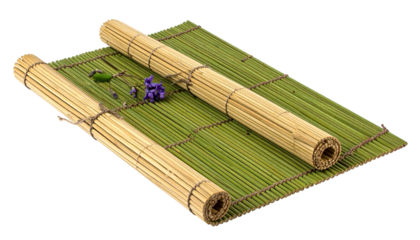 Rolled bamboo mats, small flowers on a green background