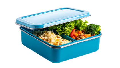 Blue lunchbox with lid slightly open, revealing various fresh and colorful food items