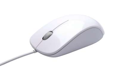Glossy white wired computer mouse against a solid black background