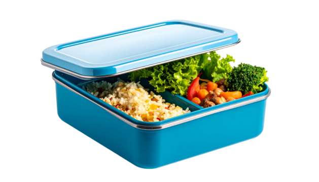 Blue lunchbox with lid slightly open, revealing various fresh and colorful food items