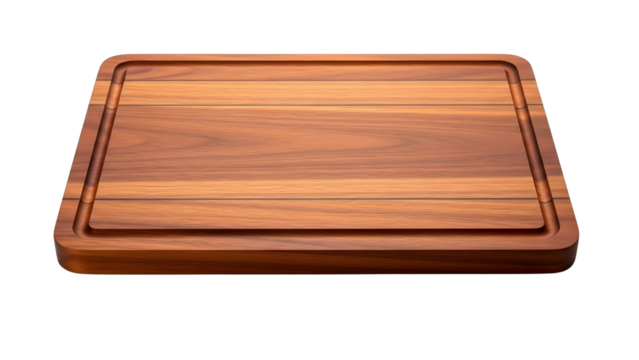 Empty wooden cutting board with juice groove on  white background