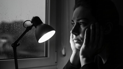 Photo-realistic monochrome portrait of a thoughtful person gazing out a foggy window with soft lamp light