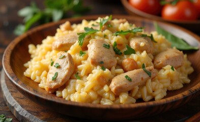 Saffron Rice and Sliced Chicken Breast, Homemade Chicken and Rice Dinner