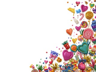 Vibrant Candies, Hearts, and Festive Decorations on White Background
