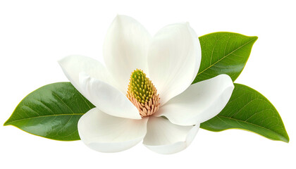 Fototapeta premium Close-up of a pure white flower, featuring vibrant petals and lush green leaves
