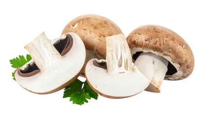 Close-up of sliced and whole brown mushrooms with green parsley on a stark black background