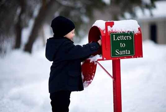 A boy mails letter to santa in red mailbox covered with snow on a winter day in the neighborhood