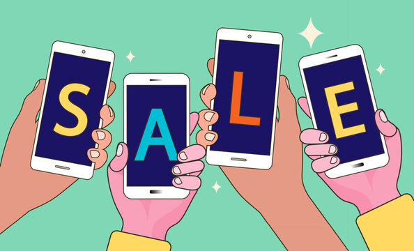 Group of hands holding smartphones displaying letters SALE on screens. Mobile online shopping promotion concept. Digital discount marketing banner for ecommerce application.