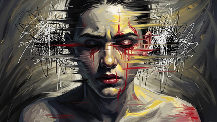 Expressive figurative painting depicting stress and fatigue.