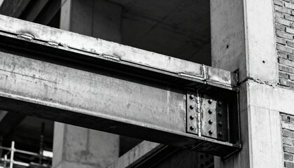 Medium shot focusing on an exposed steel beam integrated into an architectural design highlighting raw metal texture and urban construction