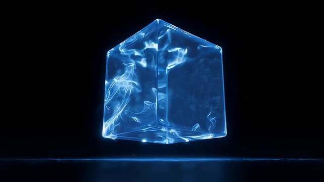 Glowing blue cube levitates on dark surface; internal smoke