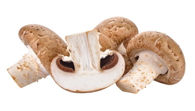 Several brown-capped mushrooms arranged, one bisected to show interior