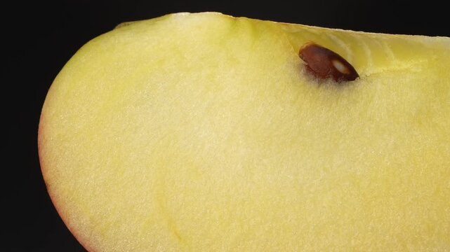 Static extreme macro of apple flesh texture with seed. Detailed yellow pulp on black background. Abstract healthy fruit concept.