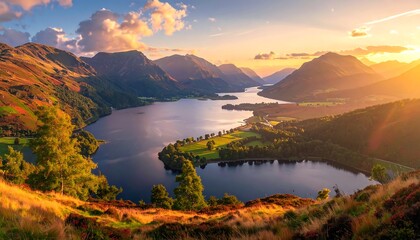 A scenic vista showcasing a tranquil lake surrounded by rolling hills and majestic mountains under a radiant sunset
