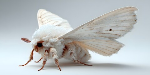 Detailed Macro Shot of a White Fluffy Moth on a Light Background