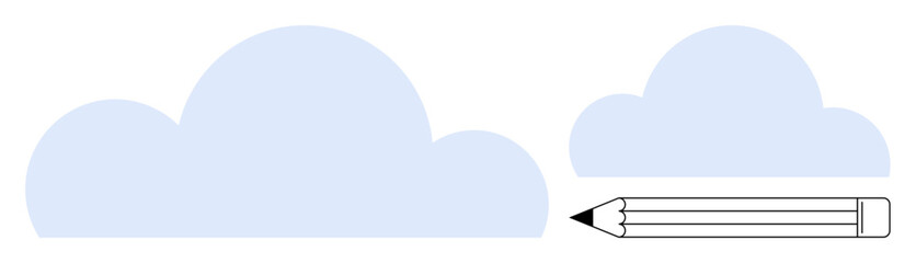 Two soft blue clouds and a black-and-white pencil symbolize creativity, brainstorming, and innovation. Ideal for themes thumbs up imagination, design, growth, cloud computing, writing, collaboration