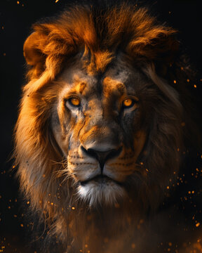 Retrato realista de le&atilde;o com olhar intenso e detalhes vibrantes, transmitindo for&ccedil;a, poder, foco e impon&ecirc;ncia, ideal para temas motivacionais, natureza selvagem e simbolismo animal
