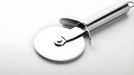 Close up of a stainless steel pizza cutter on a white background