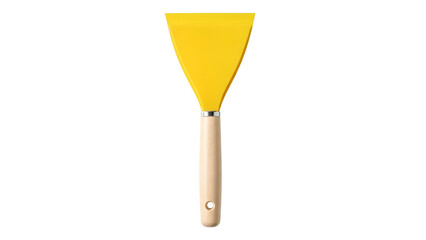 Bright yellow scraper tool with wooden handle isolated on  white background