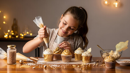Young girl with joy decorating cupcakes with frosting in a festive background