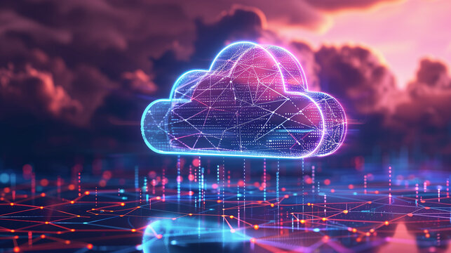 Futuristic digital cloud glowing in a vibrant network environment, symbolizing cloud computing, data storage, connectivity, cyber technology and innovative online infrastructure