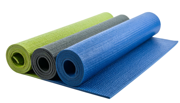 Three rolled exercise mats in different colors against a black backdrop, partially unrolled