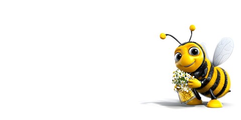 Cute 3D Cartoon Bee Holding Jar of Pollen and Flowers on White Backgro