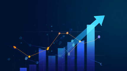 Gráfico financeiro em alta com barra crescente e seta ascendente, simbolizando crescimento econômico, lucro, investimentos e desempenho positivo no mercado financeiro