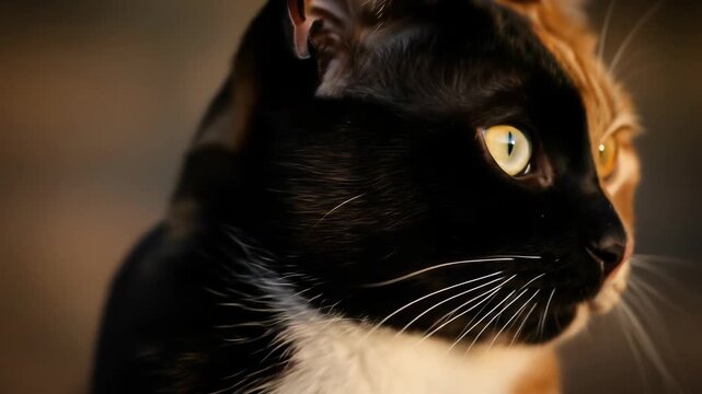 Close-up of a cat with a unique split face, half black with a blue eye and half orange with a yellow eye, showcasing striking genetic diversity.