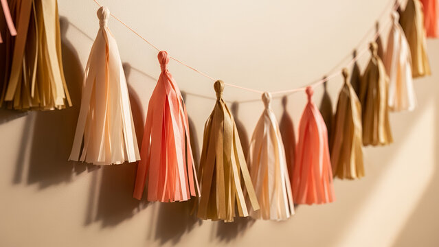 Earthy tone tassel garland in peach, cream, and olive for elegant decorations