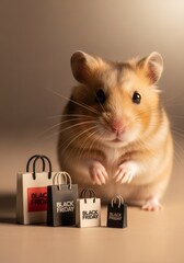 Fototapeta premium Hamster with tiny shopping bag for Black Friday sale. Cute animal character for holiday marketing and advertisement concept.