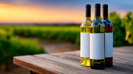 Fototapeta premium Wine Bottles on Rustic Wooden Table Outdoors with Soft Sunset Glow