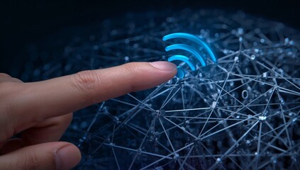 "Finger pointing at glowing Wi‑Fi icon above digital network of nodes"
