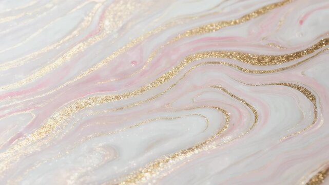 Abstract swirls of white, pink, and golden glitter simulate a marbling effect, flowing diagonally