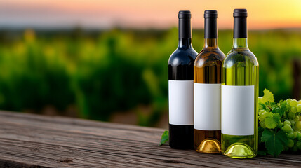 Obraz premium Wine Bottles on Rustic Wooden Table Outdoors with Soft Sunset Glow